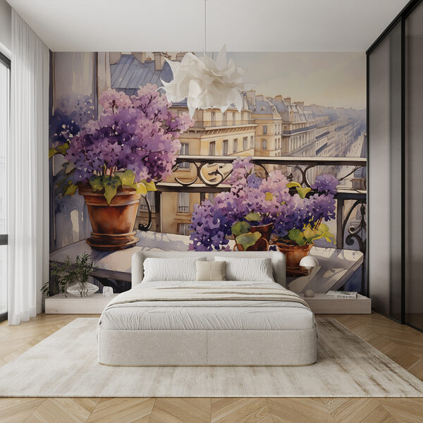 Painting of a balcony with purple flowers Wall murals Painting of a balcony with purple flowers