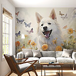 Wall murals White dog with butterflies around it