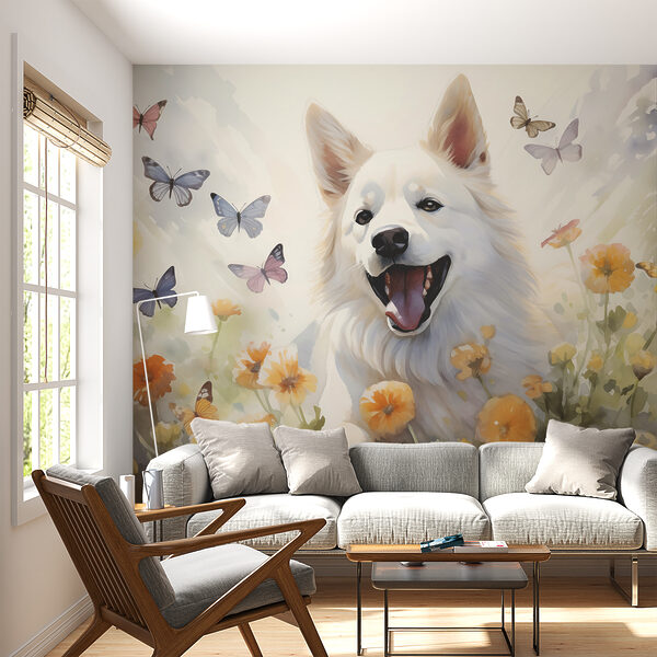 White dog with butterflies around it Wall murals White dog with butterflies around it
