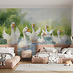 Wall murals Group of white ducks swimming in water