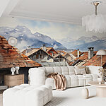 Wall murals Group of houses with roofs and mountains in the background