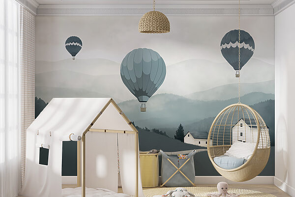 Group of hot air balloons flying over a village Wall murals Group of hot air balloons flying over a village
