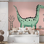 Wall murals Cartoon dinosaur with plants and leaves