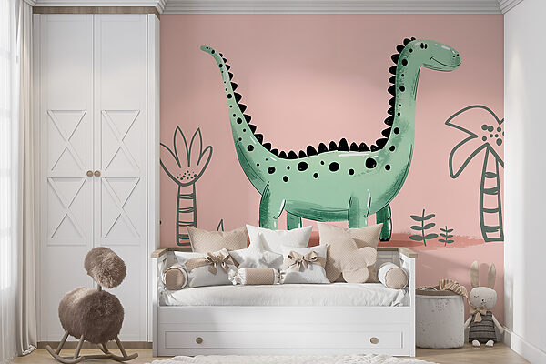 Wall mural Wall mural Cartoon dinosaur with plants and leaves (SKU: w01357)