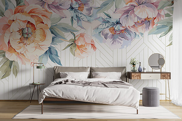 Elegant Florals Over Geometric Lines Wall murals Elegant Florals Over Geometric Lines