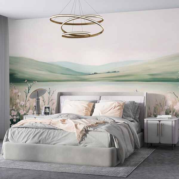 Painting of a lake with flowers Wall murals Painting of a lake with flowers