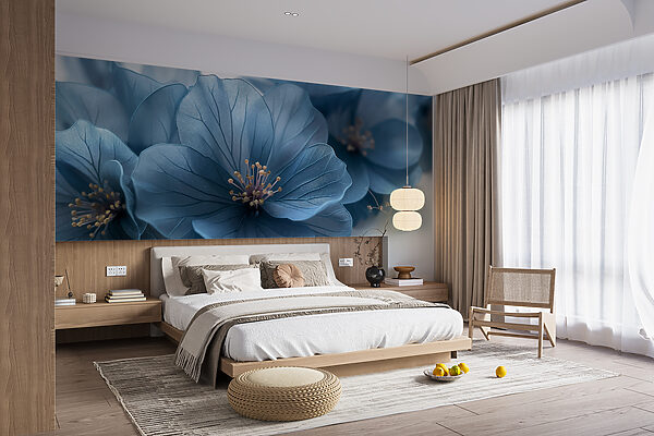 Blue flowers on a white surface Wall murals Blue flowers on a white surface