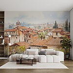 Wall murals Watercolor of a town with many buildings and trees