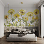 Wall murals Row of dandelions with green leaves