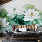 Wall murals Group of white flowers and green leaves in water