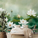 Wall murals Group of white flowers and green leaves
