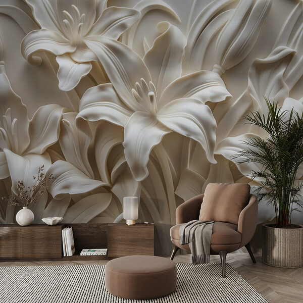 White flower sculpture on a wall Wall mural White flower sculpture on a wall