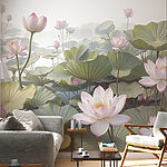 Wall murals Group of pink flowers and green leaves