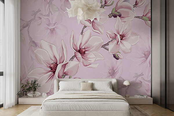 Blooming magnolias on pink backdrop Wall murals Blooming magnolias on pink backdrop