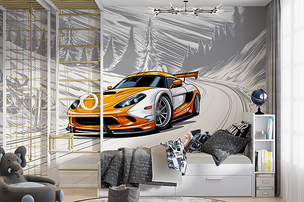 Yellow and white sports car on a snowy road Wall murals Yellow and white sports car on a snowy road