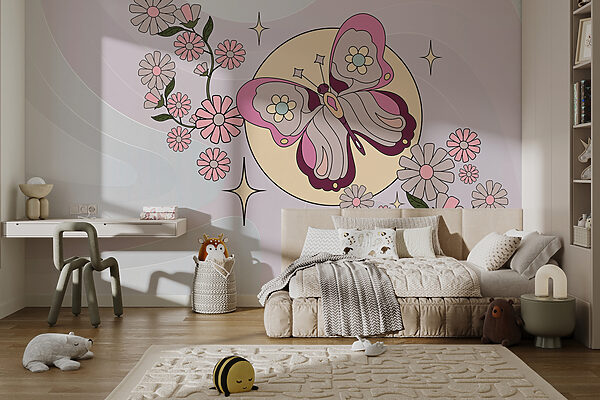 Butterfly and flowers on a white background Wall murals Butterfly and flowers on a white background