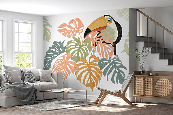 Bird with a large beak and colorful leaves Wall murals Bird with a large beak and colorful leaves