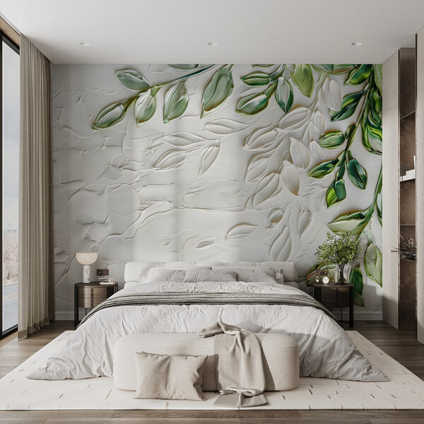 White surface with green leaves Wall murals White surface with green leaves
