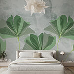 Wall murals Green leaves with a grey background
