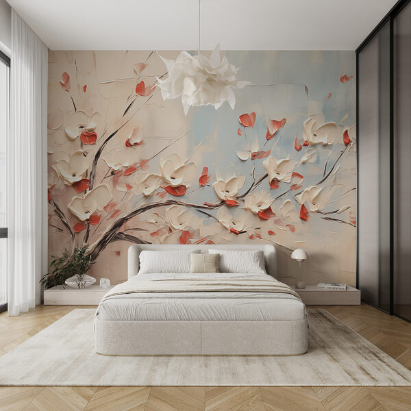 Painting of a tree with white flowers Wall murals Painting of a tree with white flowers
