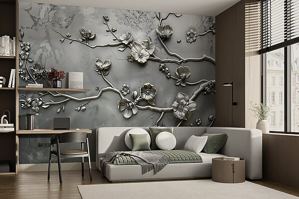 Wall mural Silver floral design on a wall