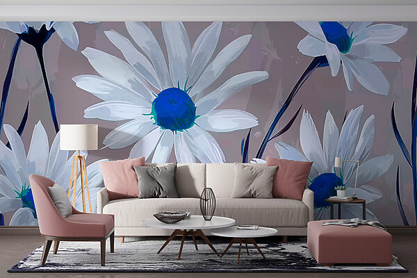 Group of white flowers with blue center Wall murals Group of white flowers with blue center