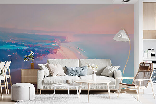 Beach with a pink and blue sky Wall murals Beach with a pink and blue sky