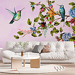 Wall murals Painting of birds on a branch with flowers