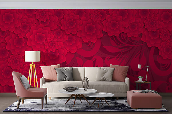 Red flower pattern on a red background Wall murals Red flower pattern on a red background