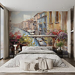 Wall murals Watercolor painting of a river with a row of buildings and flowers on a balcony
