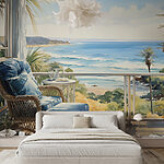 Wall murals Watercolor painting of a chair and a table on a balcony overlooking a beach