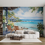 Wall murals Watercolor painting of chairs on a deck overlooking a beach