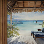 Wall murals Watercolor painting of a beach with chairs and a boat