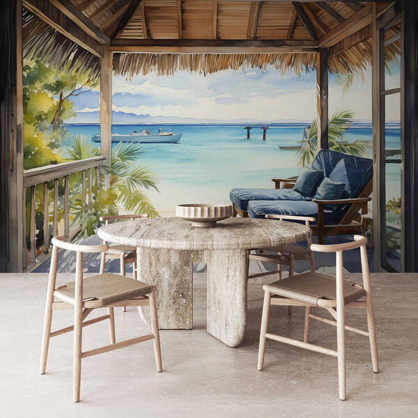 Wall mural Wall mural Watercolor painting of a beach with chairs and a boat (SKU: w01056)