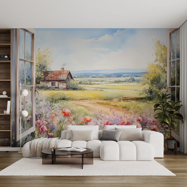 Painting of a house and flowers Wall murals Painting of a house and flowers