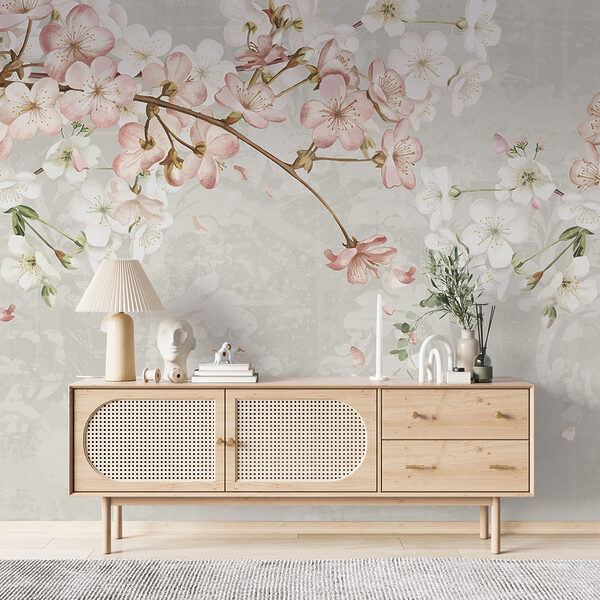 Spring Blossoms Over Vintage Pattern Wall mural Spring Blossoms Over Vintage Pattern