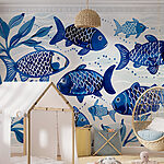 Wall murals Group of blue fish swimming in water