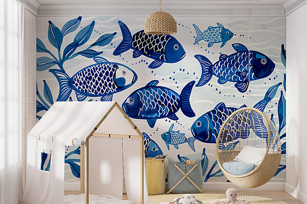 Group of blue fish swimming in water Wall murals Group of blue fish swimming in water