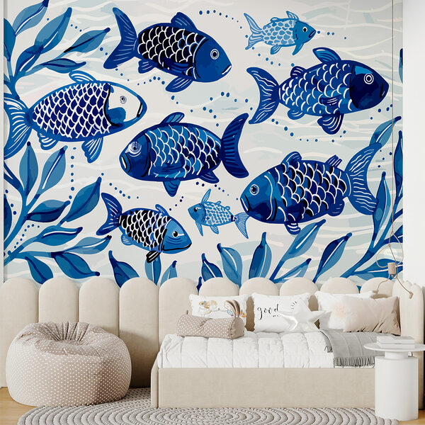 Wall mural Wall mural Group of blue fish swimming in water (SKU: w01062)