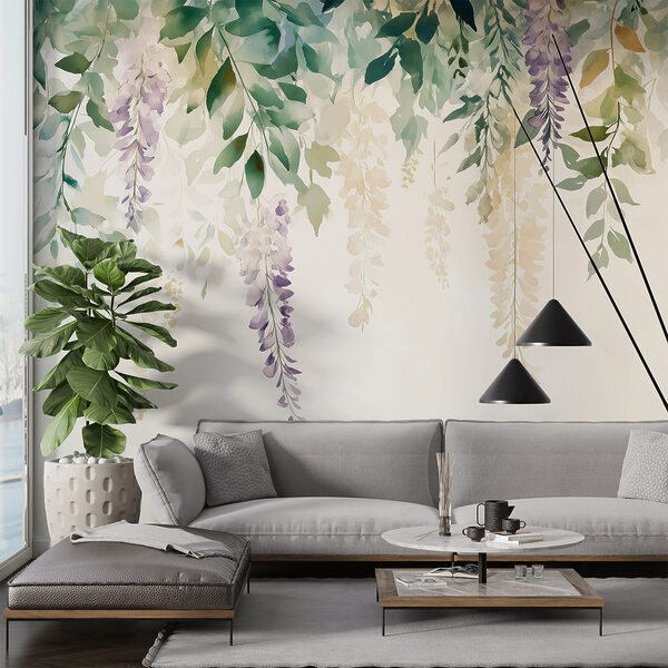 Wall mural Painting of flowers and leaves (SKU: w01545) Wall mural Wall mural Painting of flowers and leaves (SKU: w01545)
