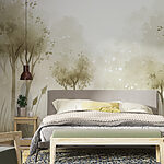 Wall murals Foggy landscape with trees and grass