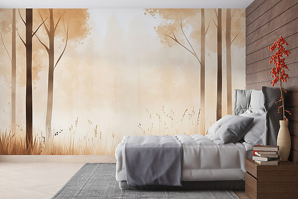 Foggy forest with trees and grass Wall murals Foggy forest with trees and grass