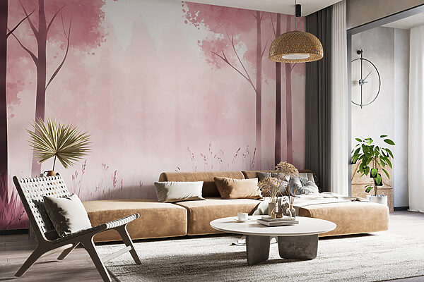 Wall murals Foggy forest with pink trees