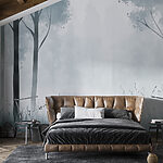 Wall murals Foggy forest with trees and grass