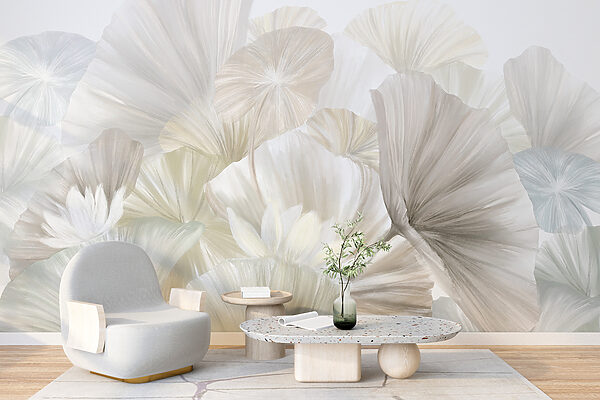 Wall mural Group of white and grey leaves (SKU: w08265) Wall mural Wall mural Group of white and grey leaves (SKU: w08265)
