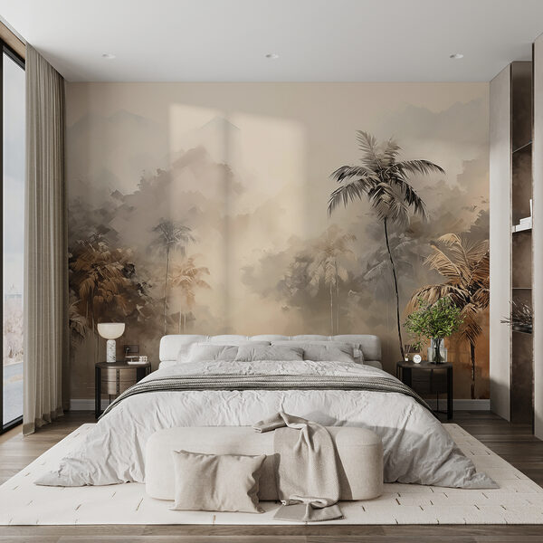 Painting of a forest with trees and fog Wall murals Painting of a forest with trees and fog