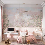 Wall murals Castle with flowers and hot air balloons