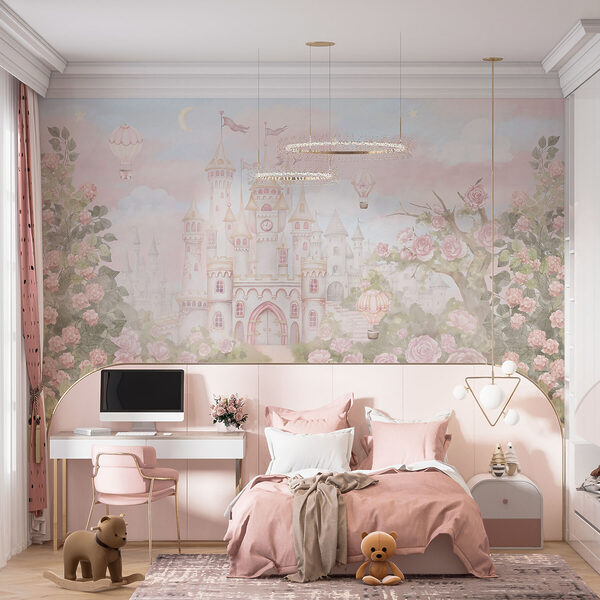 Wall murals Wall murals Castle with flowers and hot air balloons (SKU: w01524)