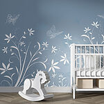 Wall murals White flowers and butterflies on a blue background