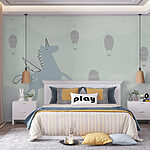 Wall murals Blue unicorn with wings and wings flying in the sky with hot air balloons